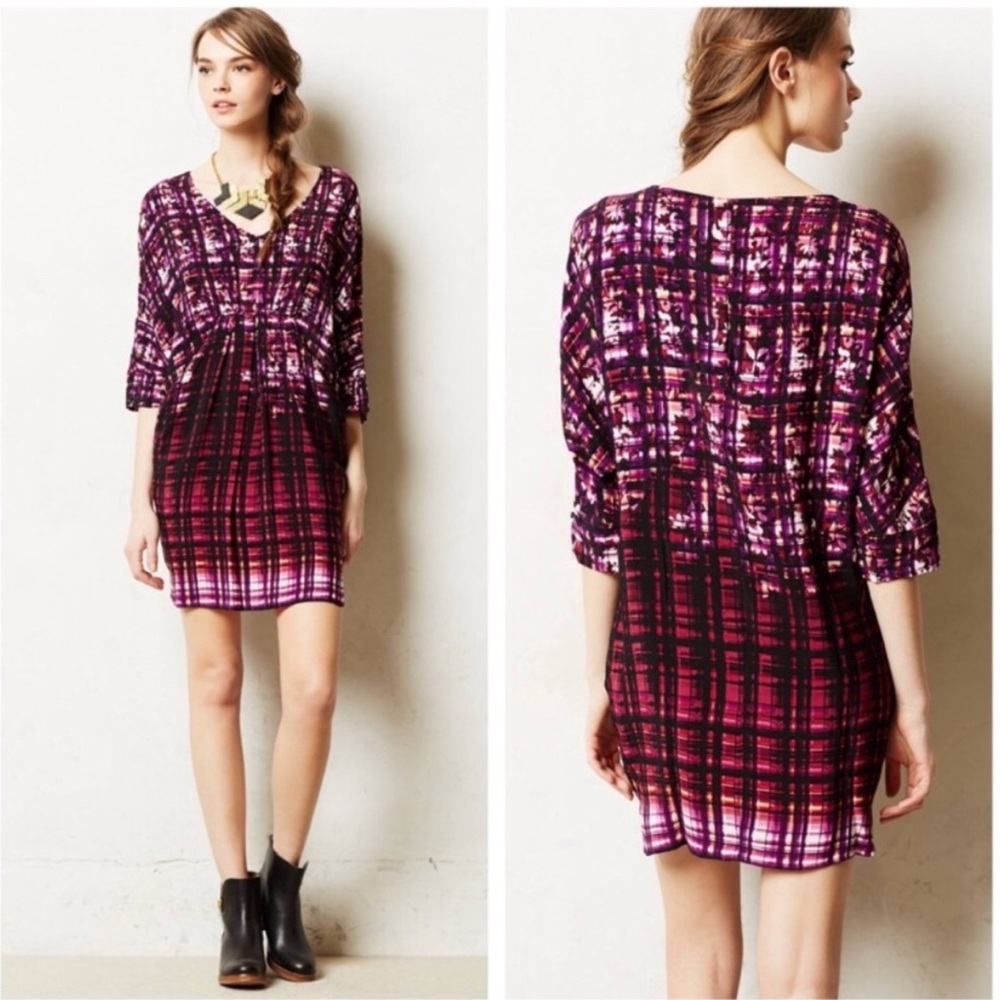 Maeve from Anthropologie Pink and Purple Plaid Dolman Sleeve Cocoon Mini Dress
